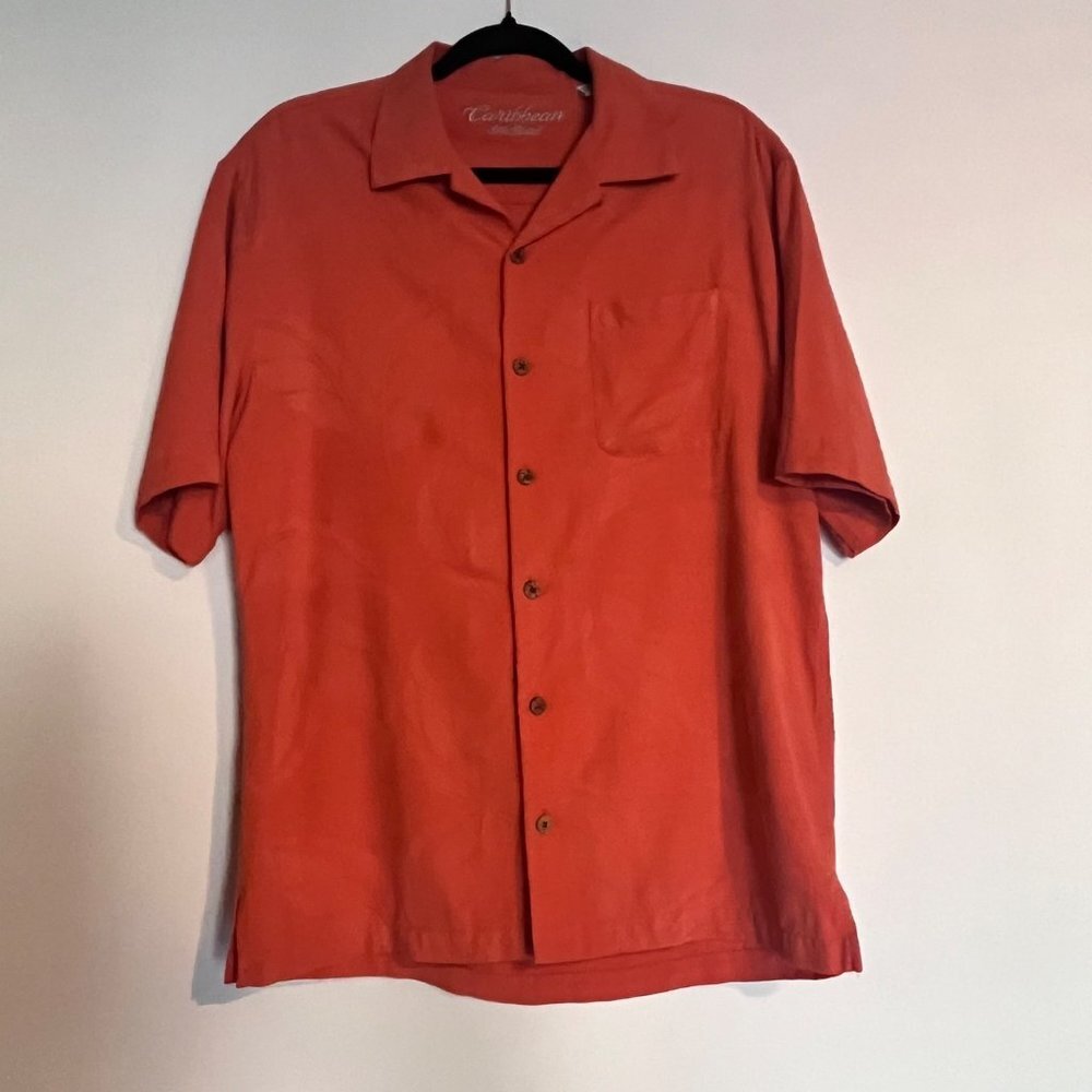 Caribbean Silk Blend Mens Short Sleeve Button Down Collard Shirt Size M‎
